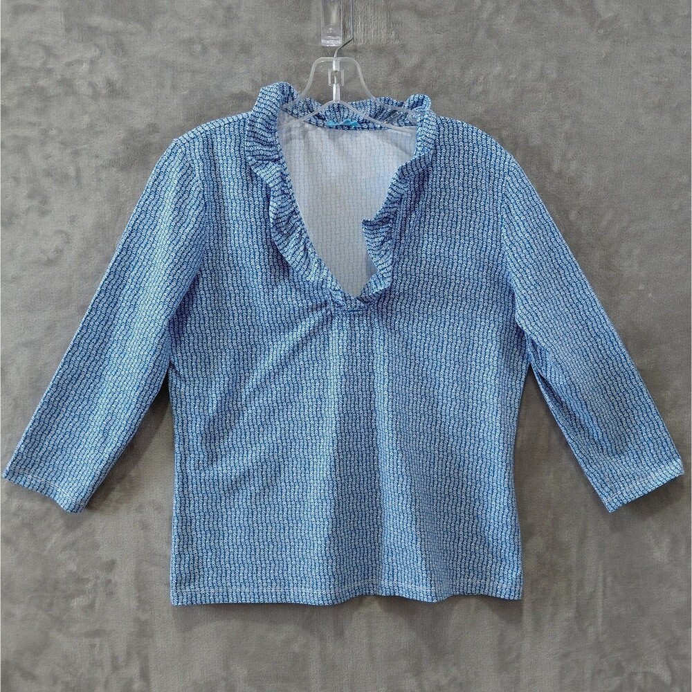 J McLaughlin Durham Catalina Cloth Ruffle Neck Top Women's Large Blue White